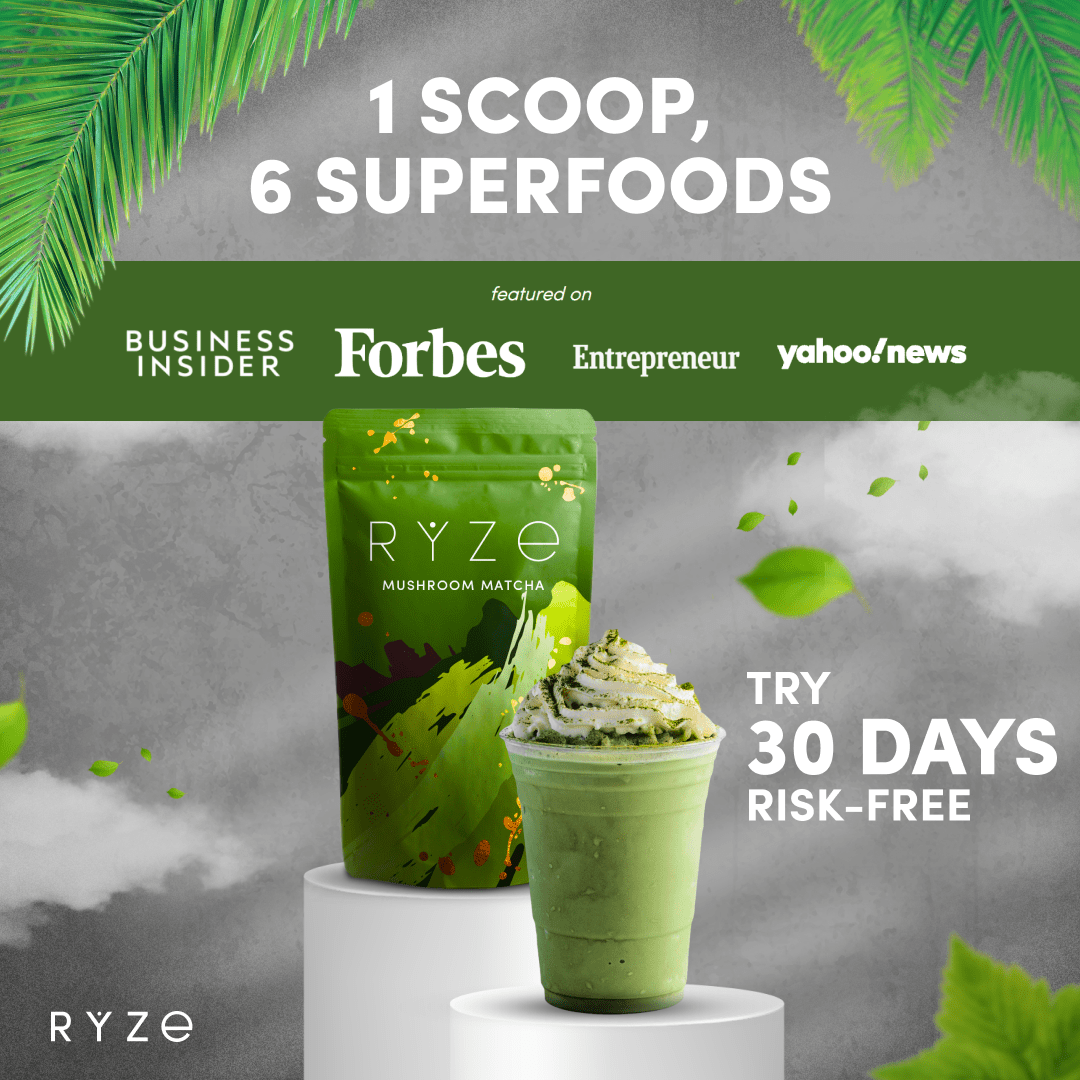 RYZE Mushroom Matcha - with 6 Organic Adaptogenic Mushrooms Grown In USA and Ceremonial-Grade Japanese Matcha